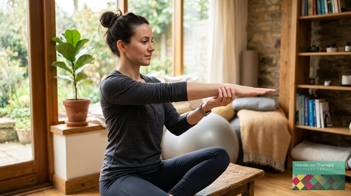 A photo-realistic image of a person performing a gentle wrist extensor stretch, holding their arm straight out with the opposite hand pressing the